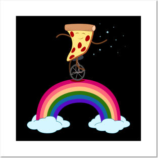 Funny Pepperoni Cheese Rainbow Pizza On Wheels In Space Riding Unicycle Rainbow Planet Stars Posters and Art